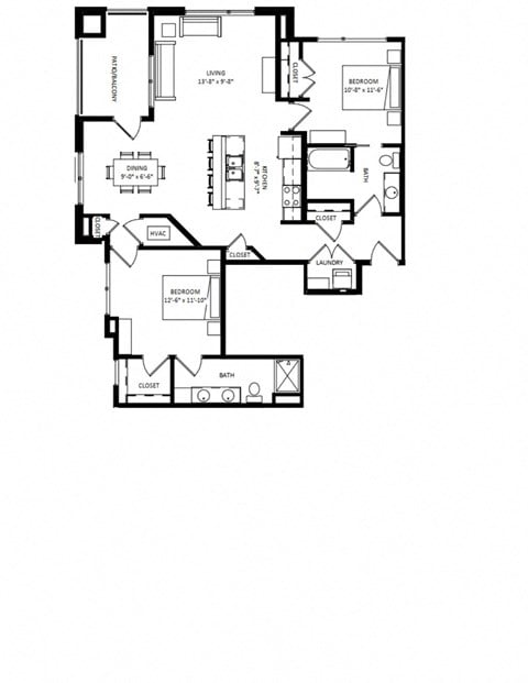 Floor plan for 2 beds, 2 baths, 1117 sqft